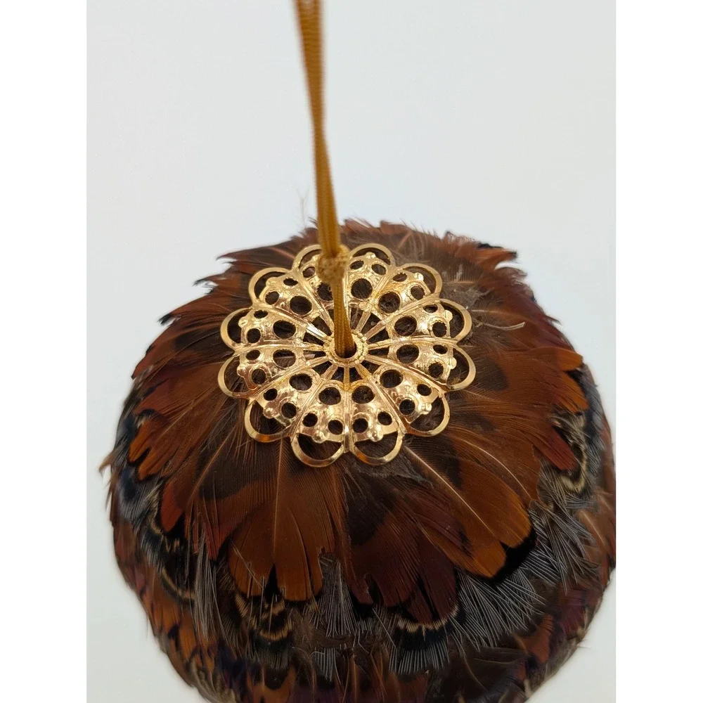 Pheasant Feather Egg Ornament with Gold Filigree and Tassel 7.5 Inch